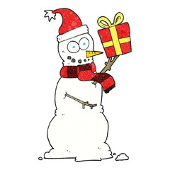 freehand textured cartoon snowman holding present