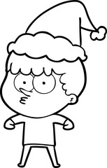 hand drawn line drawing of a curious boy wearing santa hat