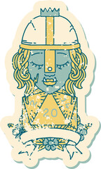 Retro Tattoo Style half orc fighter with natural twenty dice roll