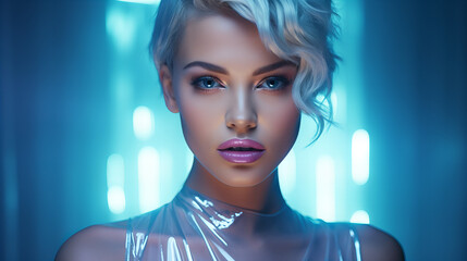 Portrait of a woman with make up. Beautiful young model, trendy glowing makeup, metallic silver lips. High fashion model woman in colorful light neon blue lights posing in studio - obrazy, fototapety, plakaty