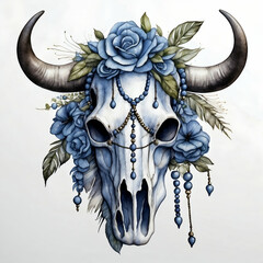 watercolor skull of a cow, bull decorated with flowers and feathers