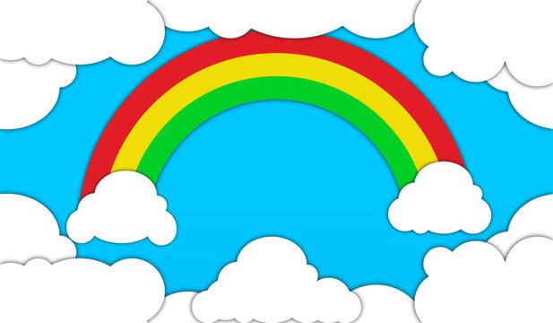 Vector illustration of rainbow and clouds in blue sky background with cartoons style for wallpaper, banner, poster design.