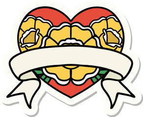 sticker of tattoo in traditional style of a heart and banner with flowers