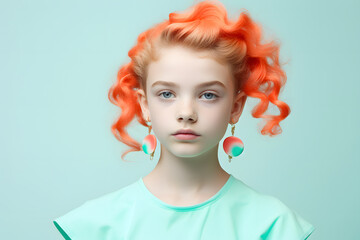 Colorful studio portrait of a cool teenager girl with age specific outfit and accessories. Bold, vibrant and minimalist. Generative AI