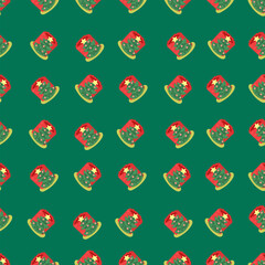 Christmas and Happy New Year seamless pattern with Christmas toys, gifts and sweets. Trendy retro style. 