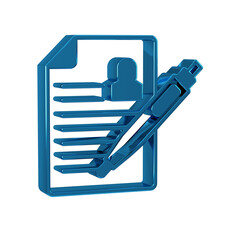 Blue Resume icon isolated on transparent background. CV application. Searching professional staff. Analyzing personnel resume.