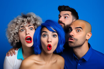 Colorful studio portrait of a group of four mixed-race friends making funny faces, Electric Blue & Gold. Generative AI