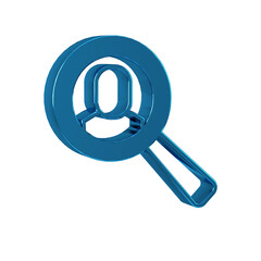 Blue Magnifying glass for search job icon isolated on transparent background. Recruitment or...