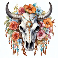 watercolor skull of a cow, bull decorated with flowers and feathers