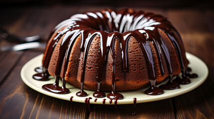 Chocolate bundt cake with chocolate sauce drizzled