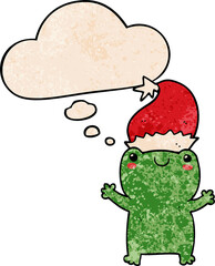 cute christmas frog with thought bubble in grunge texture style