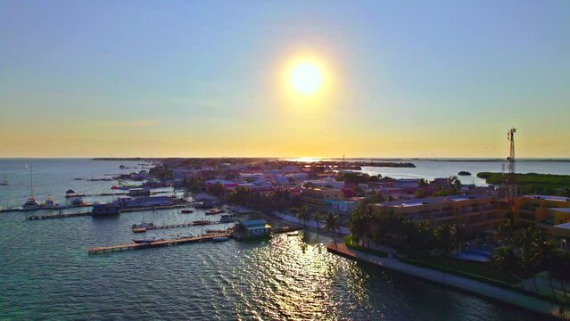 San Pedro, Belize Sunset in the Evening on Island Drone