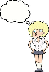 cartoon surprised woman with hands on hips with thought bubble