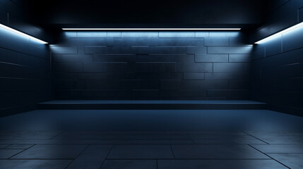 Dark blue backdrop wall mockup image for branding with brick wall 