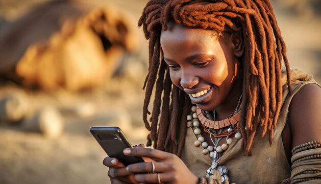 Serenely smiling Himba woman, gracefully blending modernity with tradition