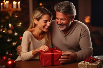 Smiling Middle Aged European Couple Holds Christmas Gift in Beautifully Decorated Living Room.