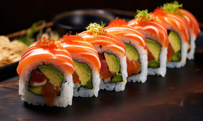 Sushi Extravaganza, Vibrant Colors of Fresh Salmon and Avocado Adorn Colorful Sushi Platter