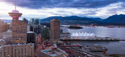 Downtown Vancouver Skyline Panorama. Aerial. Colorful Sunset. BC, Canada.