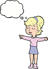 cartoon happy woman pointing with thought bubble