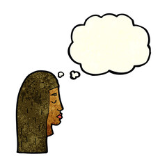 cartoon female face profile with thought bubble