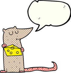 freehand drawn comic book speech bubble cartoon mouse with cheese