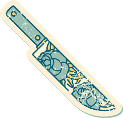 iconic distressed sticker tattoo style image of a dagger and flowers