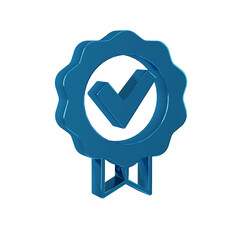 Blue Approved or certified medal and check mark icon isolated on transparent background.
