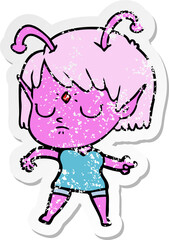 distressed sticker of a cartoon alien girl