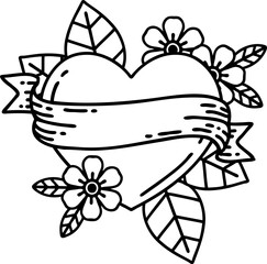 tattoo in black line style of a heart and banner