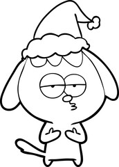 hand drawn line drawing of a bored dog wearing santa hat