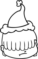 hand drawn line drawing of a face with hair over eyes wearing santa hat