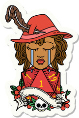 sticker of a crying human druid character with natural one D20 roll