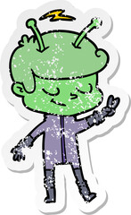 distressed sticker of a friendly cartoon spaceman