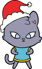 cute hand drawn line drawing of a cat wearing santa hat