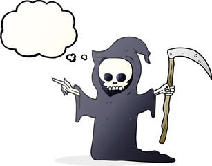 freehand drawn thought bubble cartoon death with scythe
