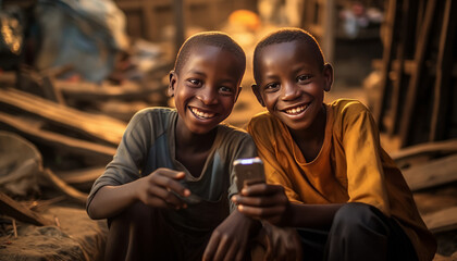 two african boys in the slums taking a selfie.laughing - obrazy, fototapety, plakaty