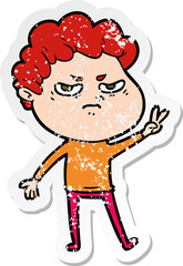 distressed sticker of a cartoon angry man