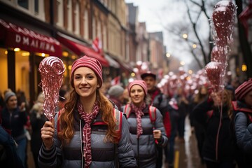 A woman with a striped hat participates in a festive march