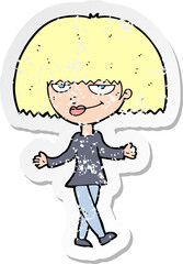 retro distressed sticker of a cartoon smug looking woman