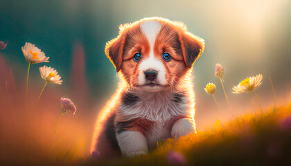 Portrait of a cute red tricolor corgi puppy sitting on the grass with flowers in the background