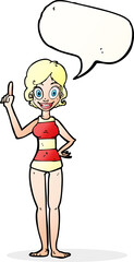 cartoon woman in striped swimsuit with speech bubble