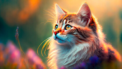 Portrait of a Maine Coon cat in a meadow with flowers
