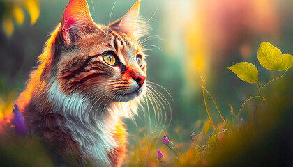 Portrait of a Maine Coon cat in a meadow with flowers