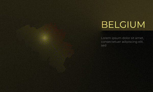 Belgium map radial dots pattern on a dark yellow angle gradient background with copy space on the side. Pattern centered in Brussels. Modern Business Finance Design Concept. Belgium Silhouette Vector.
