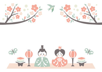 ひな祭りの背景フレーム お雛様と桃の花の和風でシンプルなイラスト枠