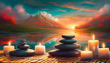 Zen stones in the forest. 3d illustrations. Nature background.