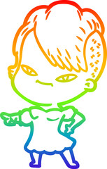 Obraz premium rainbow gradient line drawing of a cute cartoon girl with hipster haircut