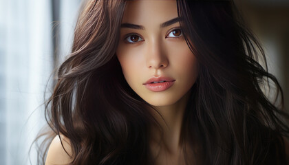 Naklejka premium Close-up photo of Asian woman's face, youthful and beautiful generative ai