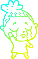 cold gradient line drawing of a cartoon crying woman
