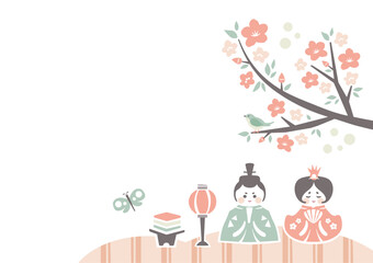 ひな祭りの背景フレーム お雛様と桃の花の和風でシンプルなイラスト枠